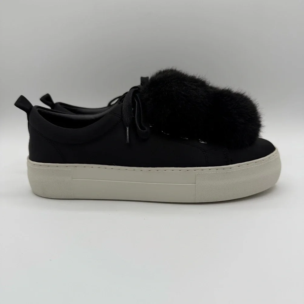 J/SLIDES Faux Fur Pom Pom Satin Platform Lace-Up Black Women’s Sneakers Size 7 - Picture 4 of 14